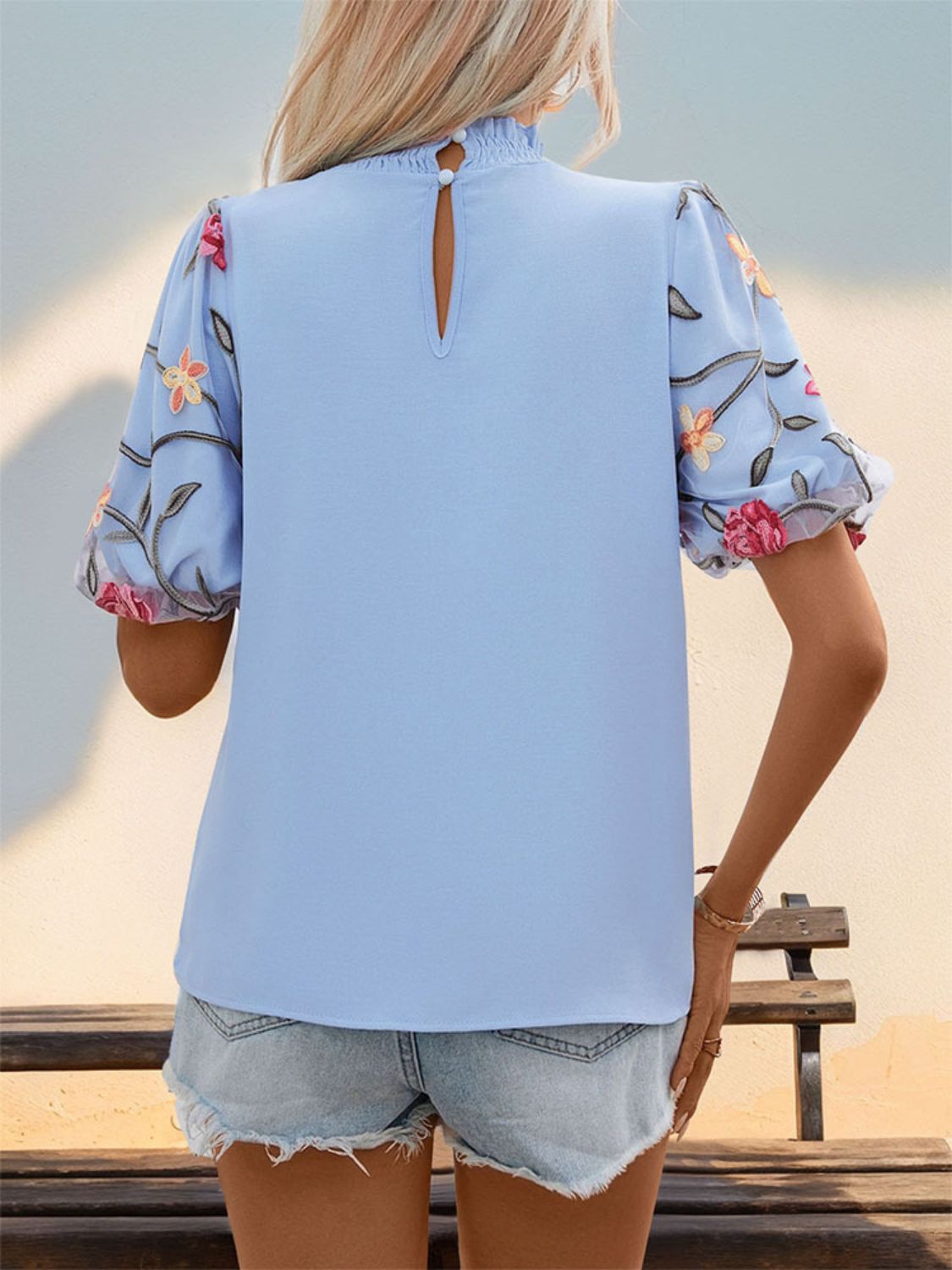 Perfee Embroidered Mock Neck Puff Sleeve Blouse