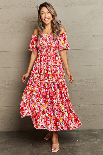 Perfee Floral Off-Shoulder Frill Trim Maxi Dress