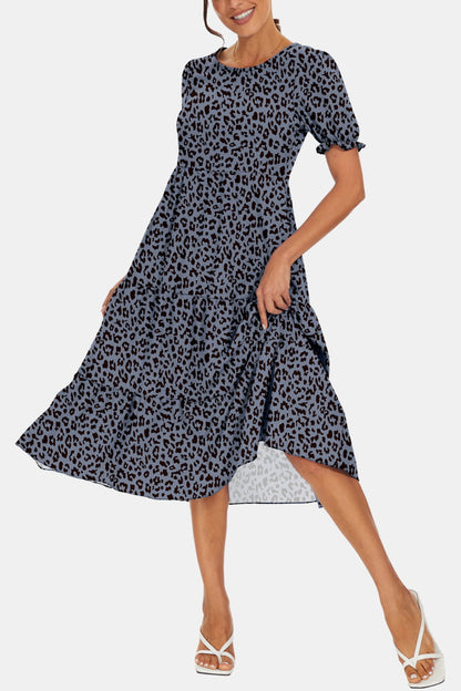 Round Neck Flounce Sleeve Midi Dress