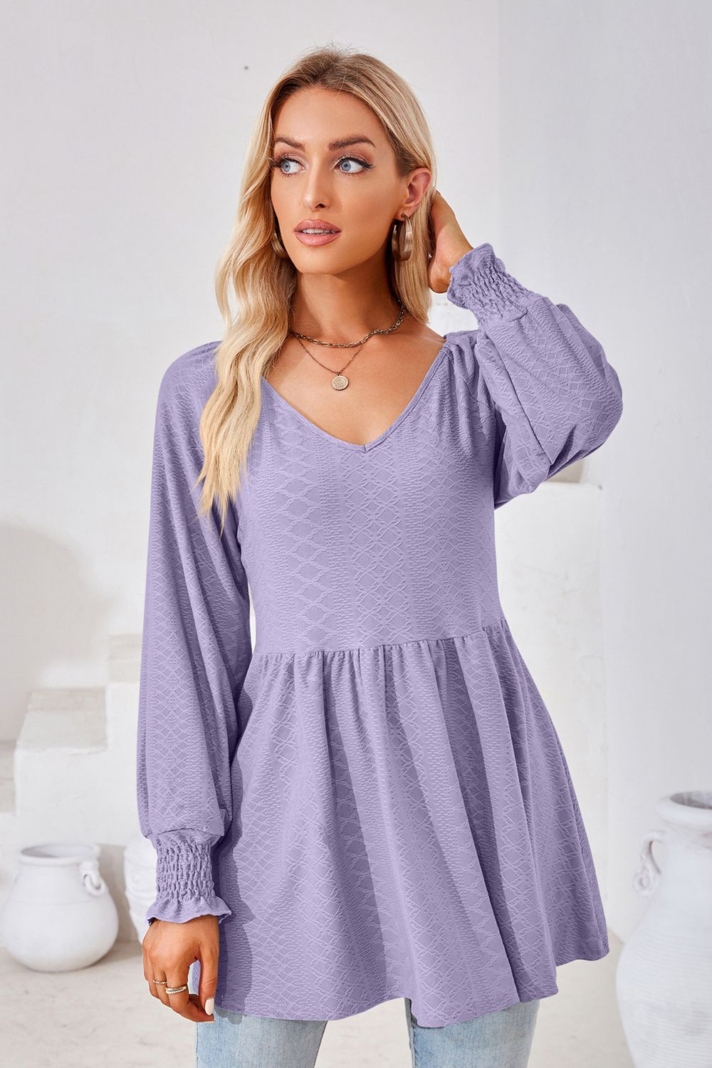 V-Neck Lantern Sleeve Blouse