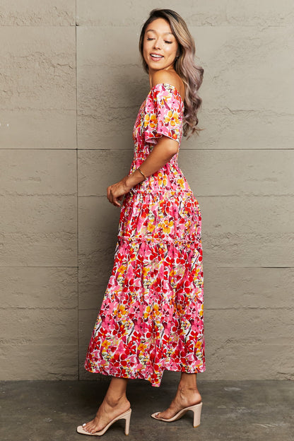 Perfee Floral Off-Shoulder Frill Trim Maxi Dress