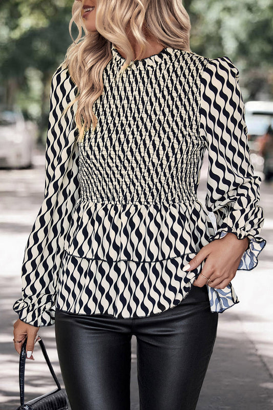 Perfee Printed Smocked Flounce Sleeve Blouse