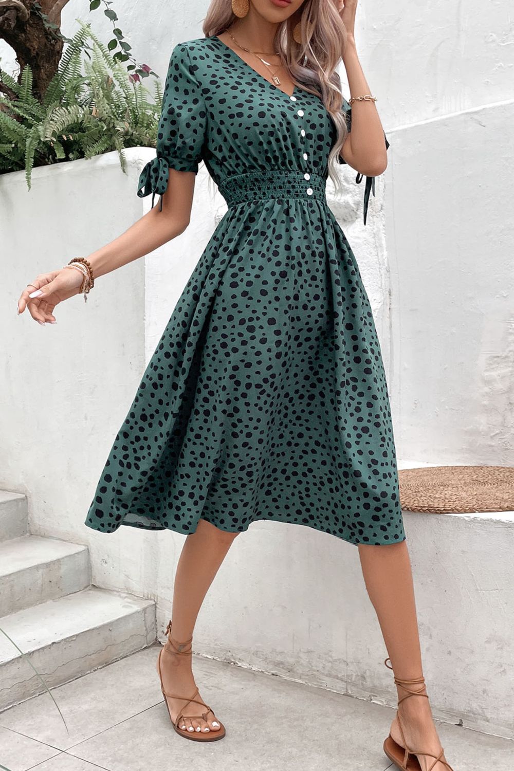 Perfee Printed Tie Cuff Smocked Waist Dress