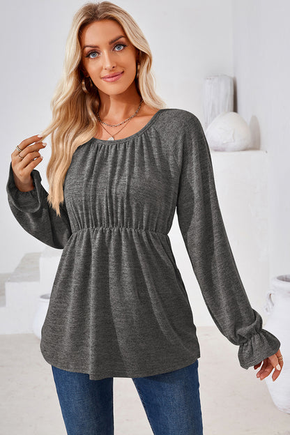 Ruched Round Neck Flounce Sleeve Blouse