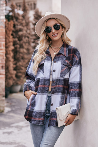 Mandy Plaid Long Sleeve Shirt Jacket with Pockets