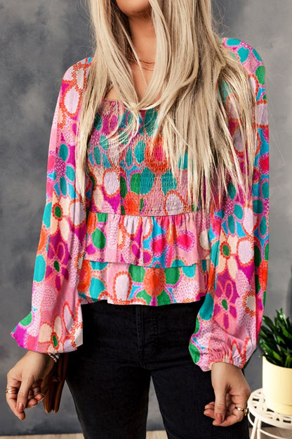 Floral Smocked Ruffled Balloon Sleeve Blouse