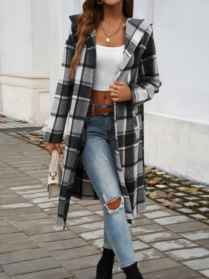 Devine Plaid Long Sleeve Hooded Coat