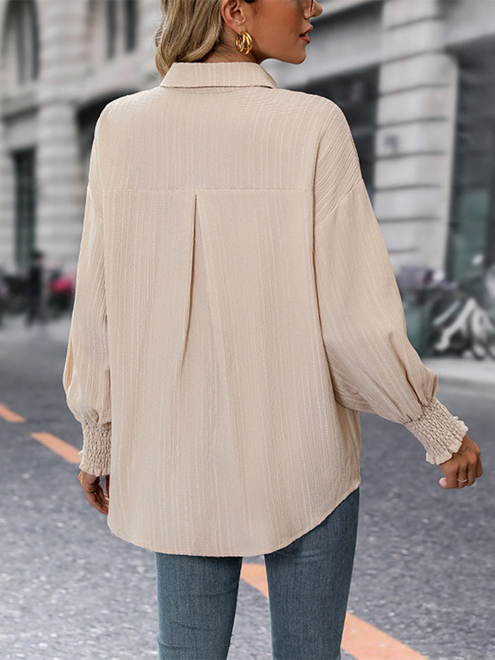 Perfee Collared Neck Long Sleeve Button-Up Blouse