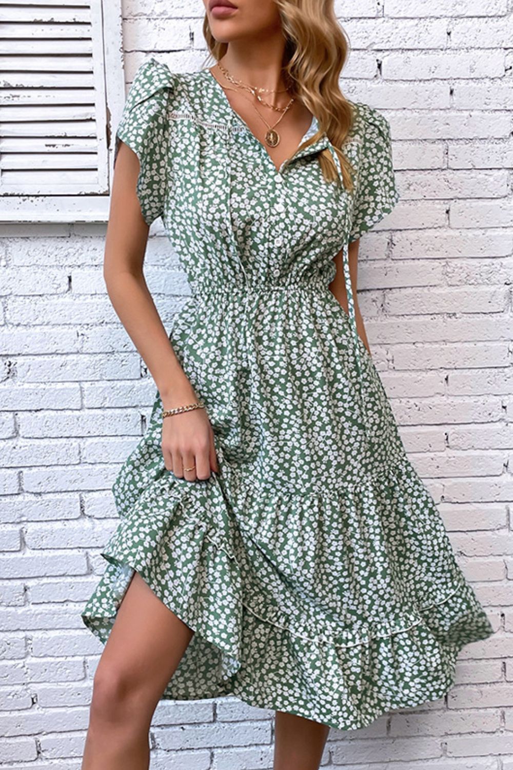 Perfee Floral Tie Neck Petal Sleeve Dress