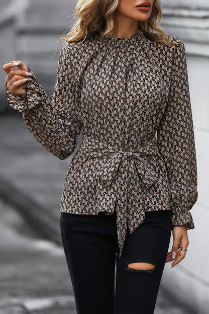 Perfee Printed Tie Front Flounce Sleeve Blouse