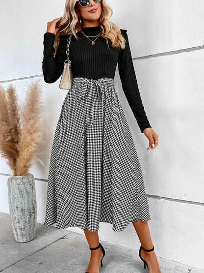 Honey Ribbed Round Neck Long Sleeve Tie Waist Midi Dress