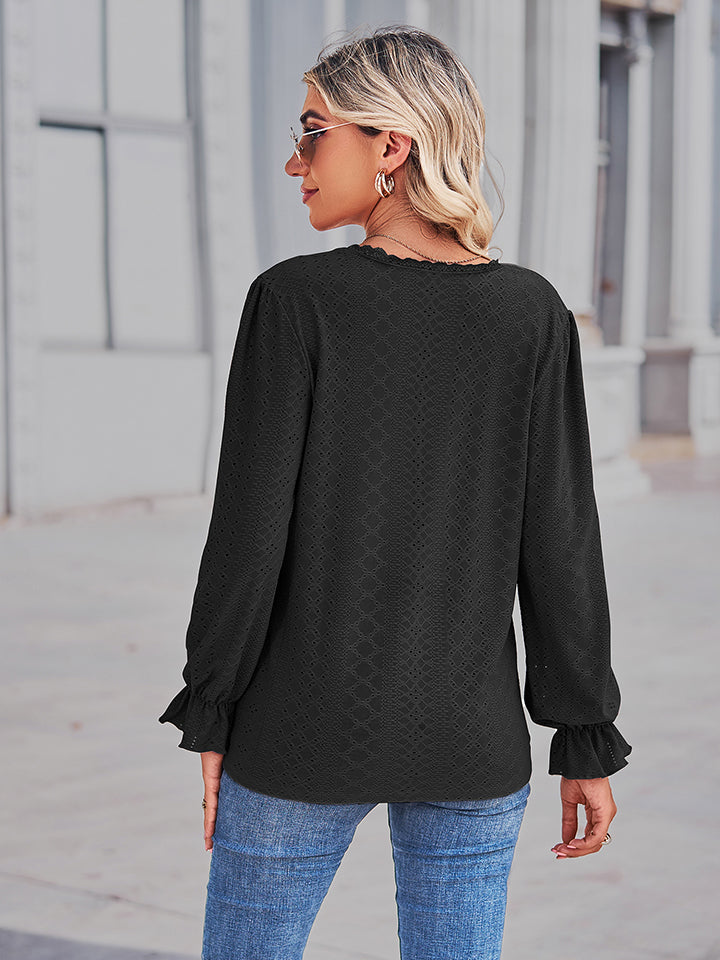 Eyelet V-Neck Flounce Sleeve Blouse