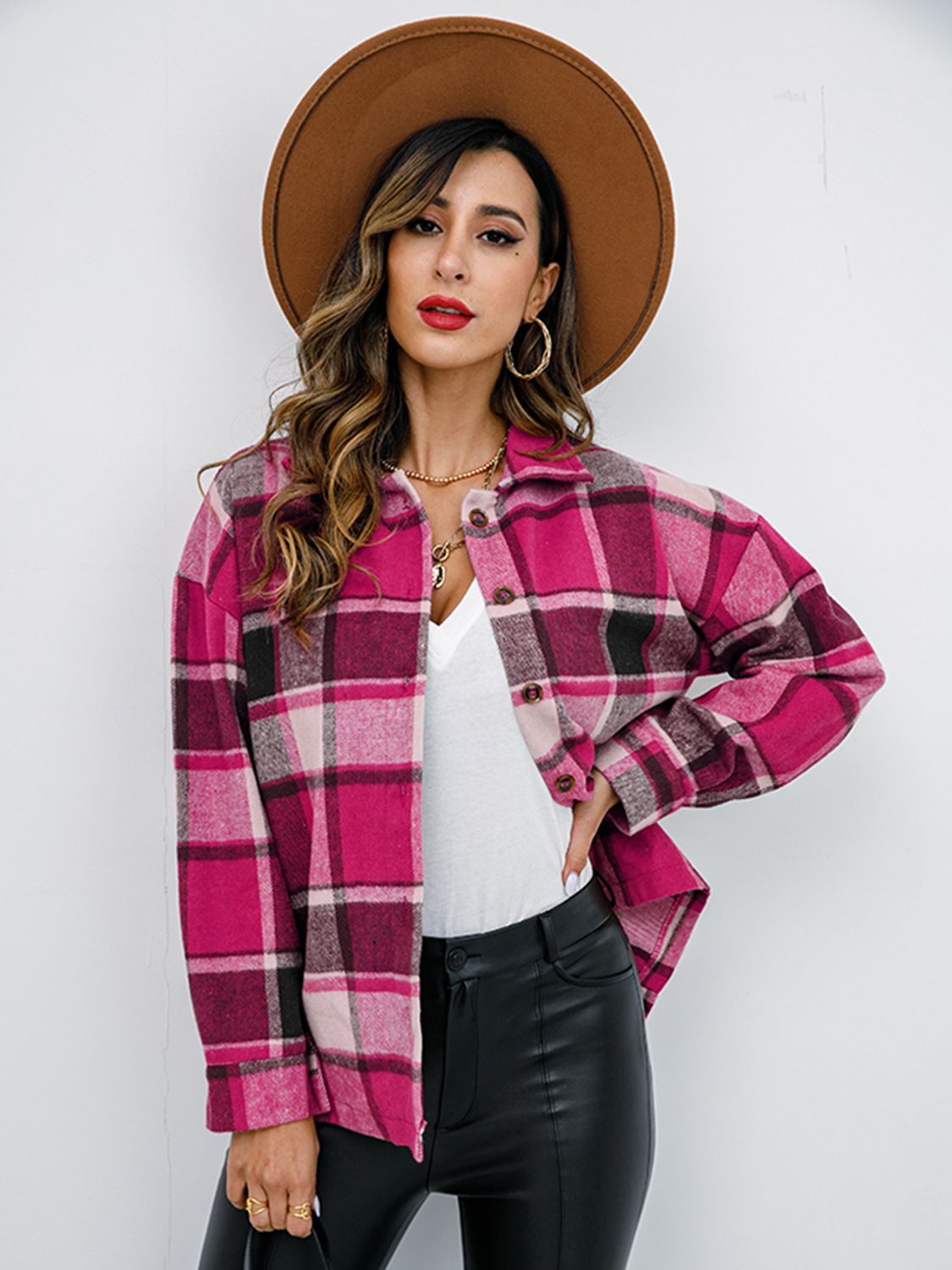 Shiny Plaid Button Up Collared Neck Jacket