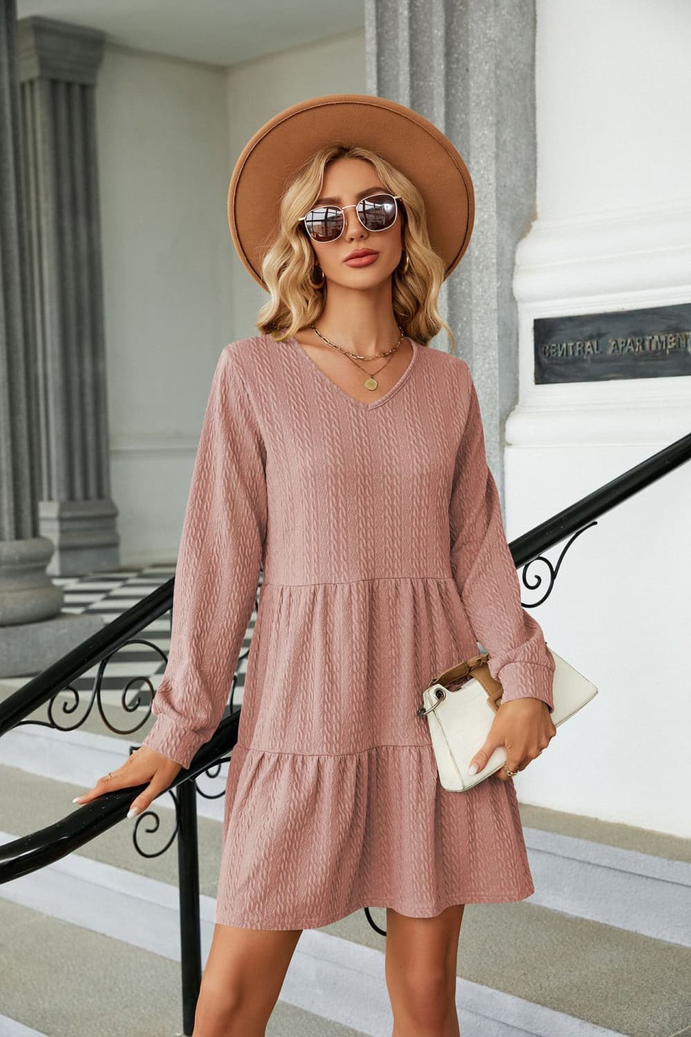 V-Neck Long Sleeve Mini Dress