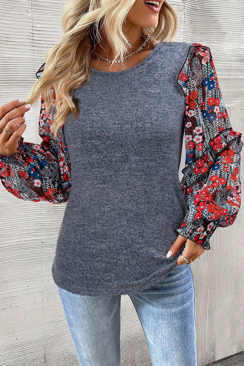 Heathered Floral Frill Lantern Sleeve Blouse