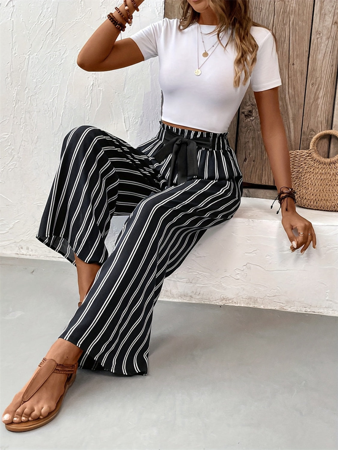 Striped High Waist Wide Leg Pants