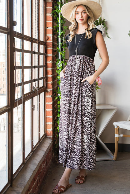 Leopard Print Round Neck Maxi Dress with Pockets