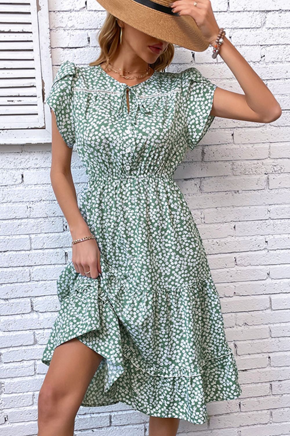 Perfee Floral Tie Neck Petal Sleeve Dress