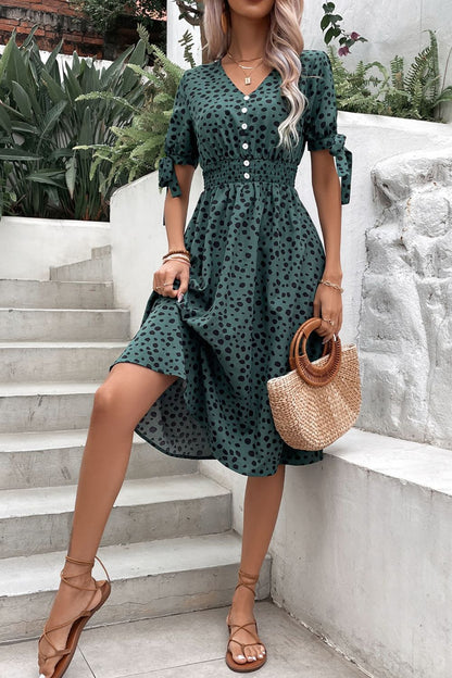 Perfee Printed Tie Cuff Smocked Waist Dress