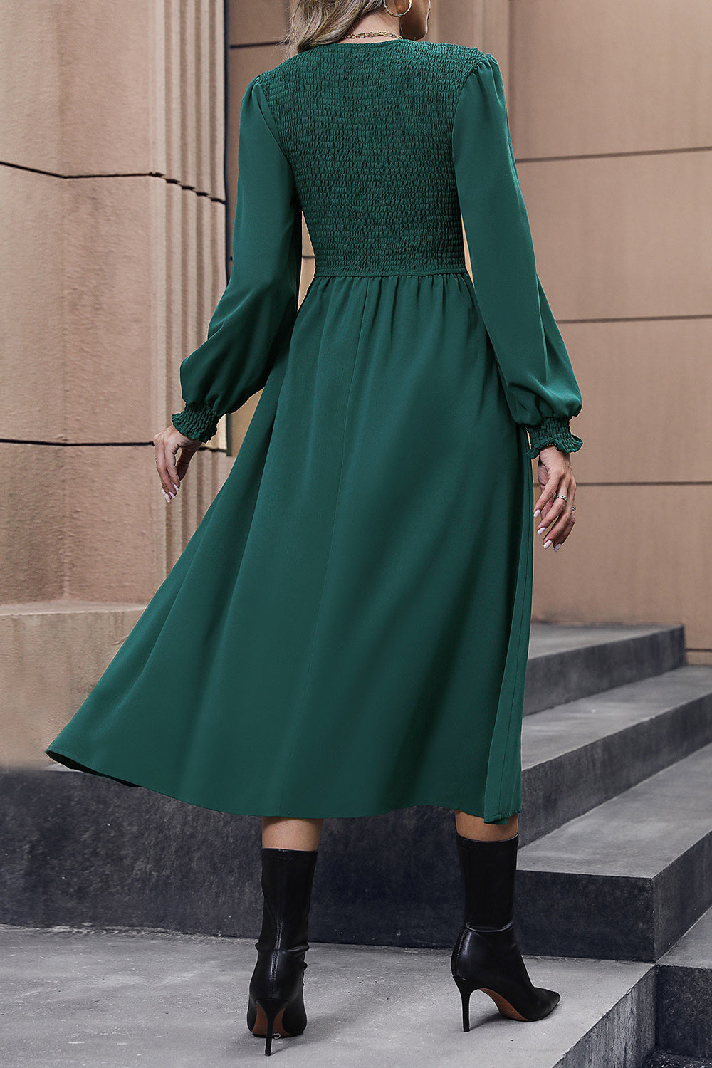 Perfee Smocked Long Sleeve Midi Dress