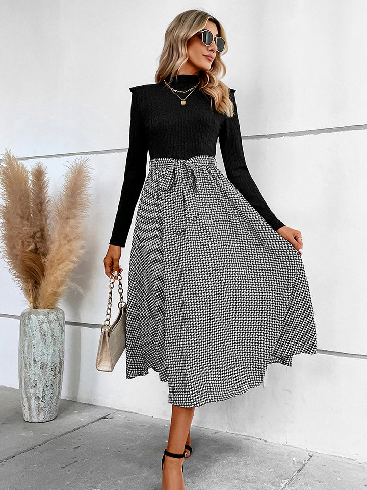 Honey Ribbed Round Neck Long Sleeve Tie Waist Midi Dress