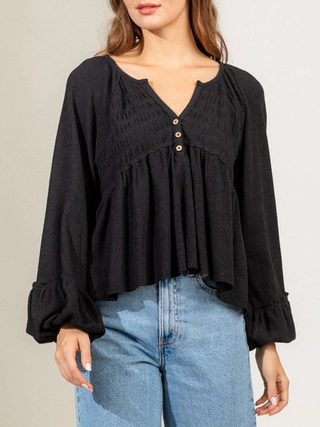 Notched Balloon Sleeve Peplum Blouse