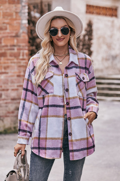 Mandy Plaid Long Sleeve Shirt Jacket with Pockets