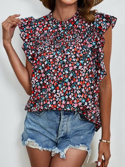 Ruffled Ditsy Floral Mock Neck Cap Sleeve Blouse