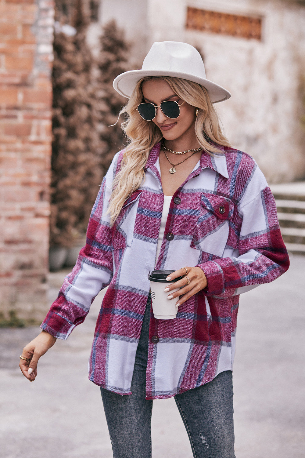 Mandy Plaid Long Sleeve Shirt Jacket with Pockets