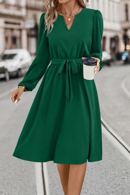 Tie Waist Notched Neck Long Sleeve Dress