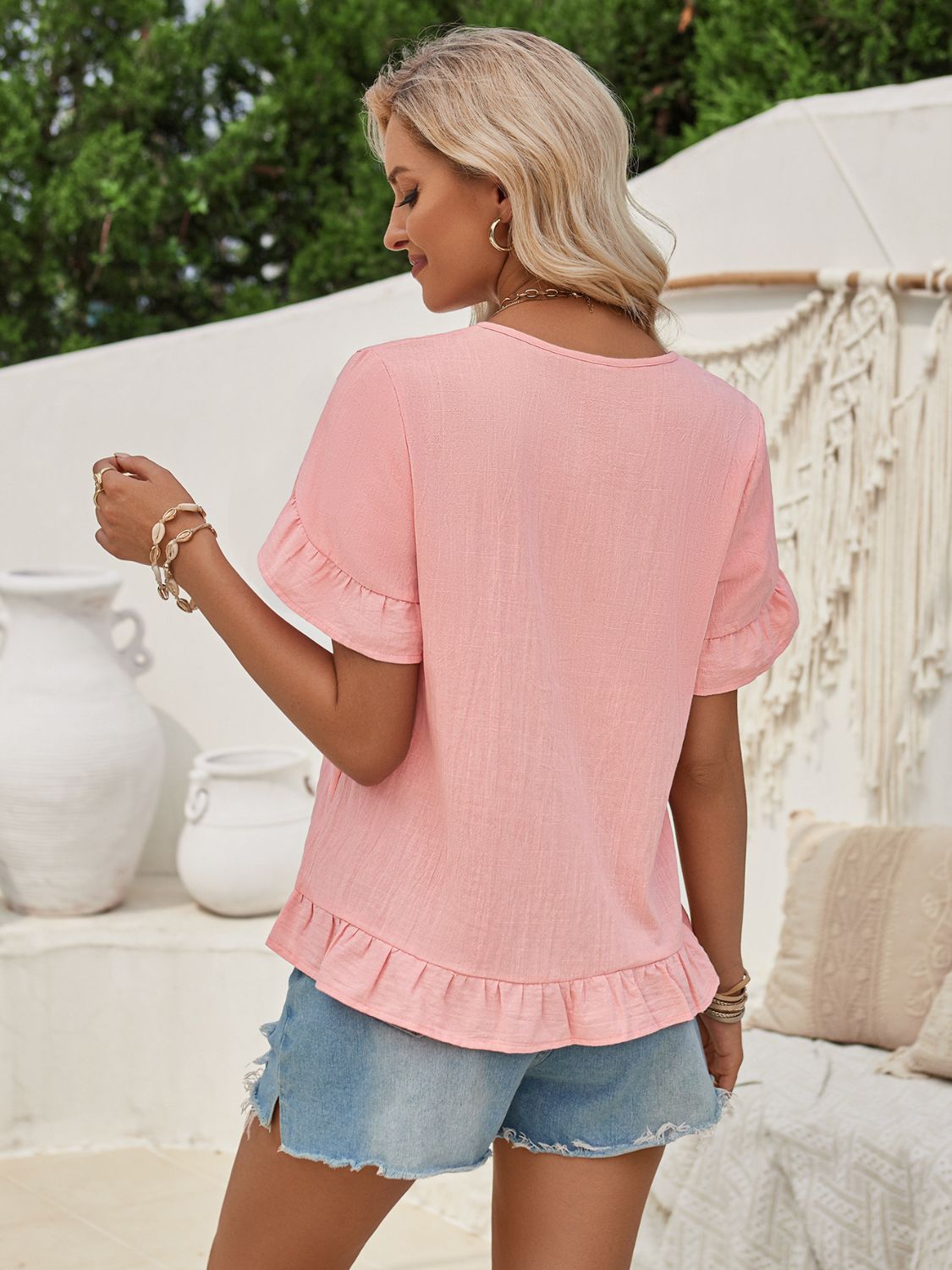 Ruffled Notched Petal Sleeve Blouse