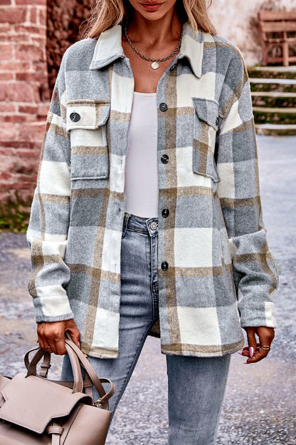 Mandy Plaid Long Sleeve Shirt Jacket with Pockets