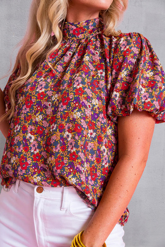 Printed Mock Neck Short Sleeve Blouse