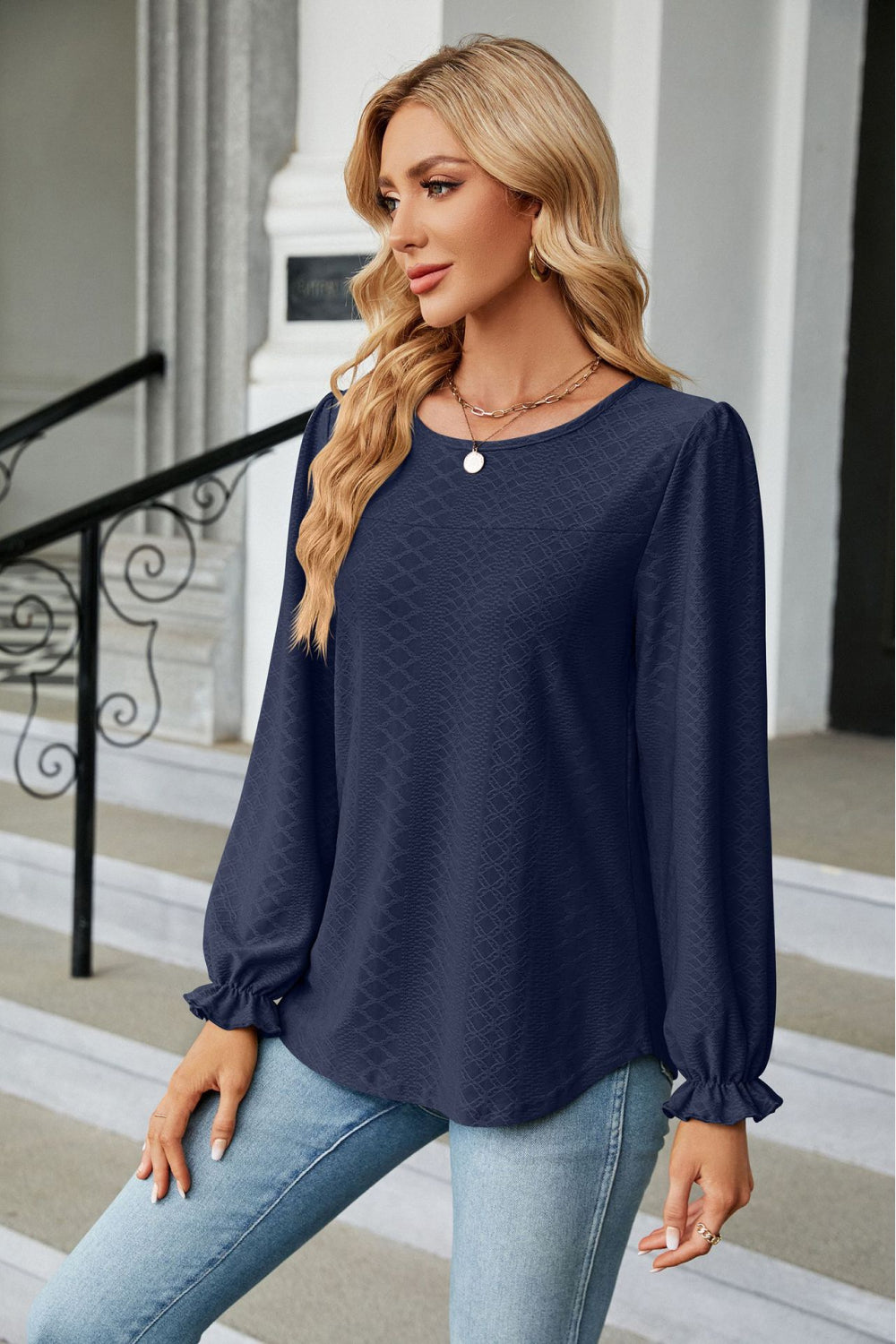 Round Neck Flounce Sleeve Blouse