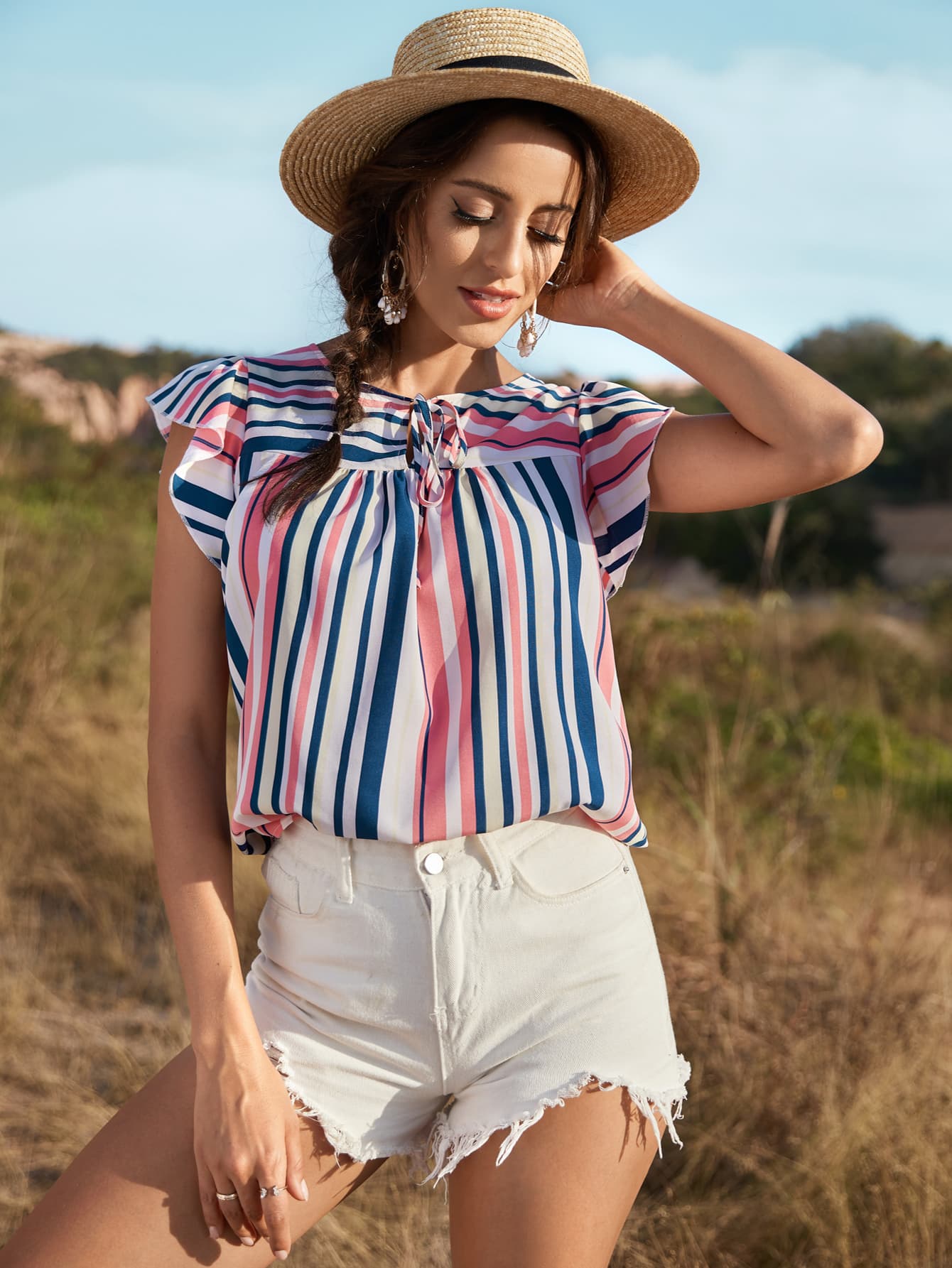 Honey Striped Flutter Sleeve Tied Blouse