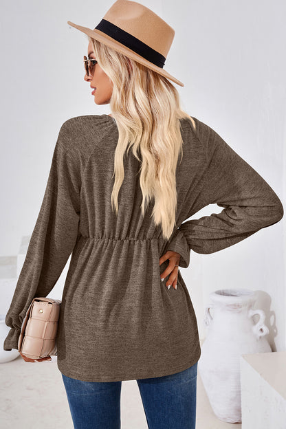 Ruched Round Neck Flounce Sleeve Blouse