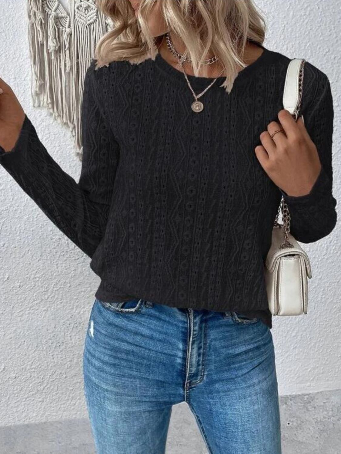 Eyelet Round Neck Long Sleeve Blouse