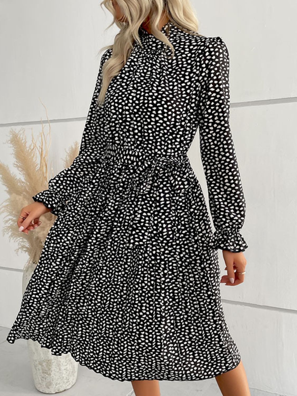 Perfee Printed Tie-Waist Flounce Sleeve Keyhole Midi Dress