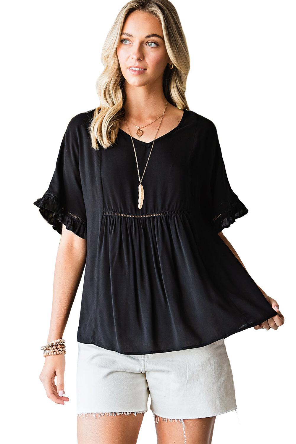 V-Neck Flounce Sleeve Babydoll Blouse