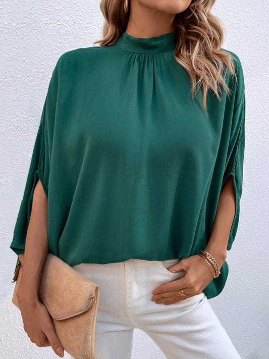 Perfee Tie Back Mock Neck Blouse