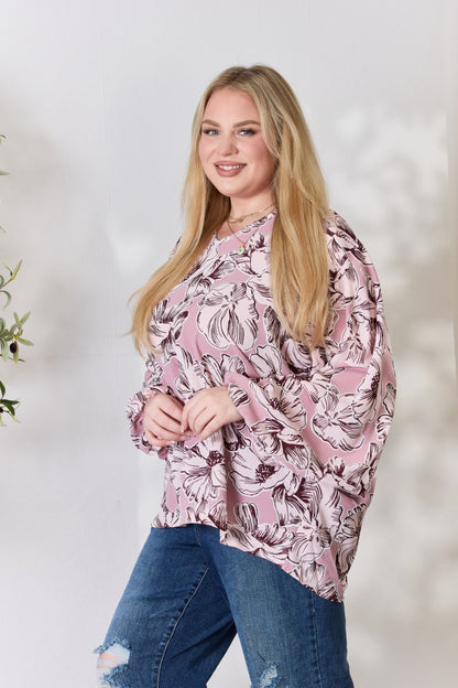 Heimish Full Size Floral V-Neck Balloon Sleeve Blouse