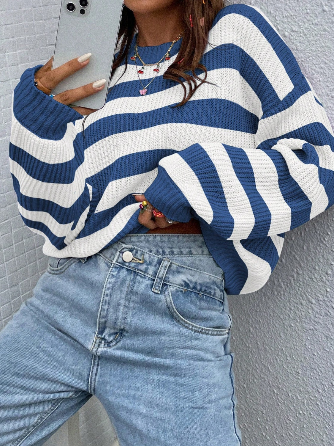 Honey Striped Round Neck Long Sleeve Sweater