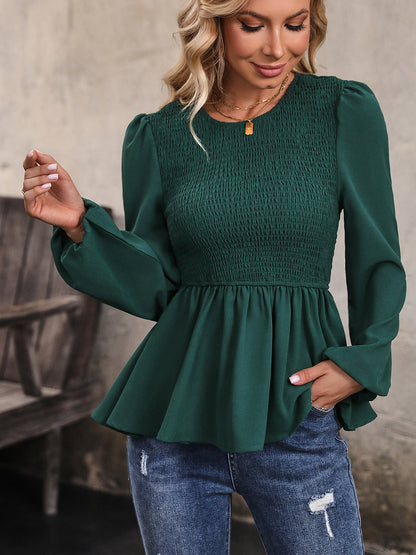 Perfee Round Neck Smocked Balloon Sleeve Top