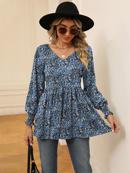 Printed V-Neck Lantern Sleeve Blouse