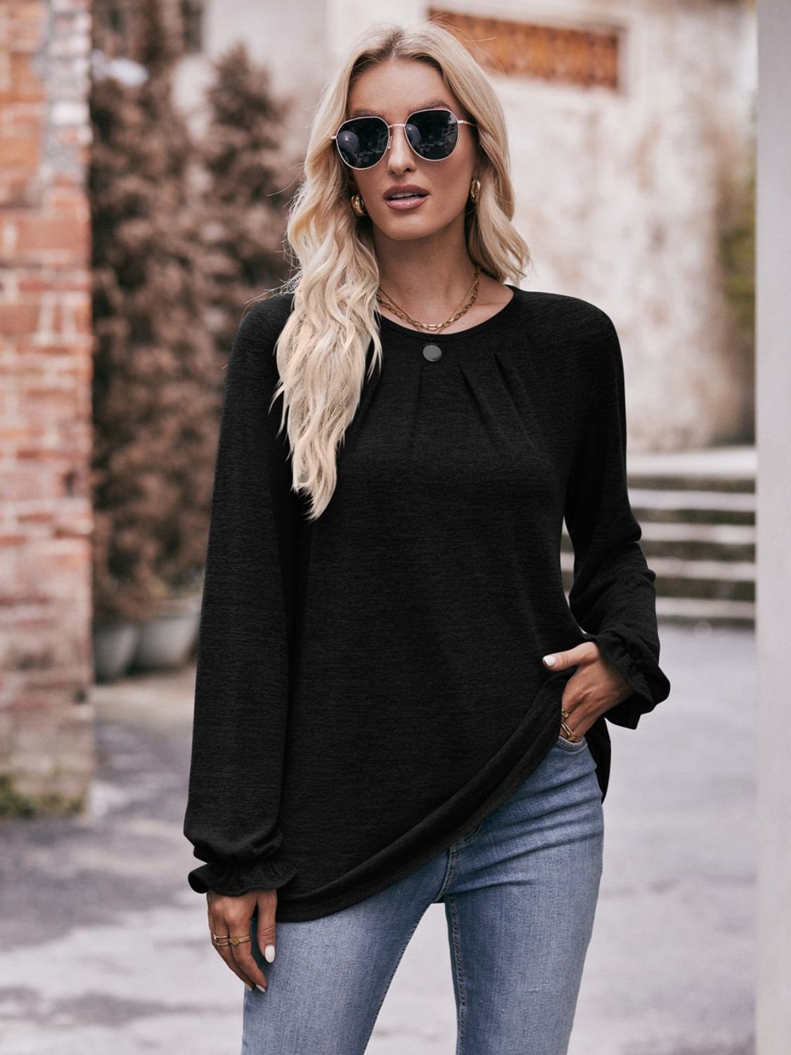 Mandy Long Flounce Sleeve Round Neck Blouse