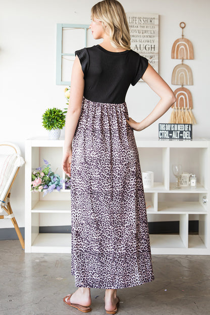 Leopard Print Round Neck Maxi Dress with Pockets