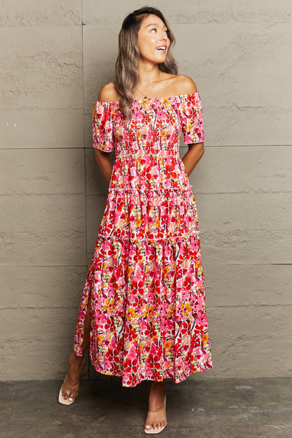 Perfee Floral Off-Shoulder Frill Trim Maxi Dress