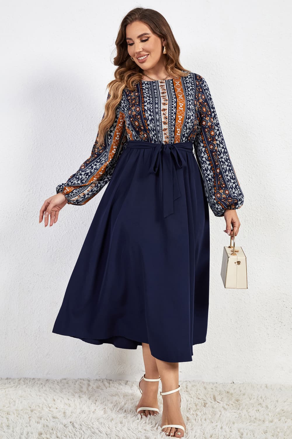 Honey Melo Apparel Plus Size Printed Tie Belt Boat Neck Midi Dress