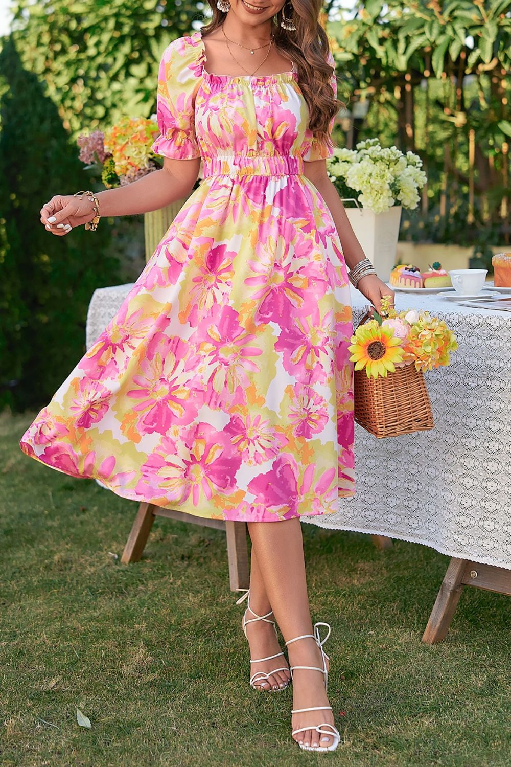 Honey Floral Frill Trim Square Neck Dress