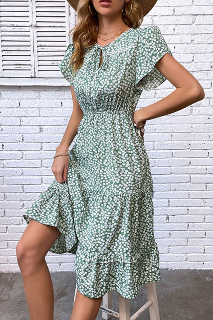 Perfee Floral Tie Neck Petal Sleeve Dress